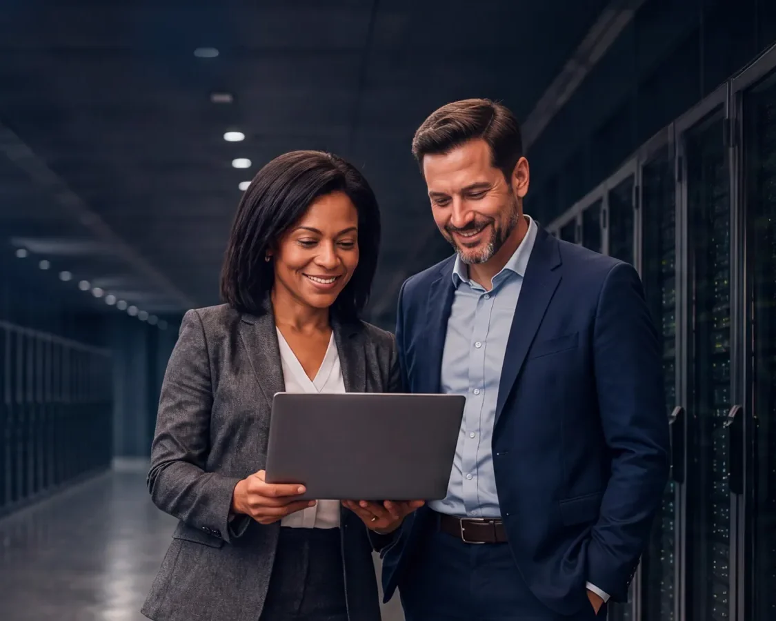 Two IT professionals reviewing a laptop in a data centre aisle